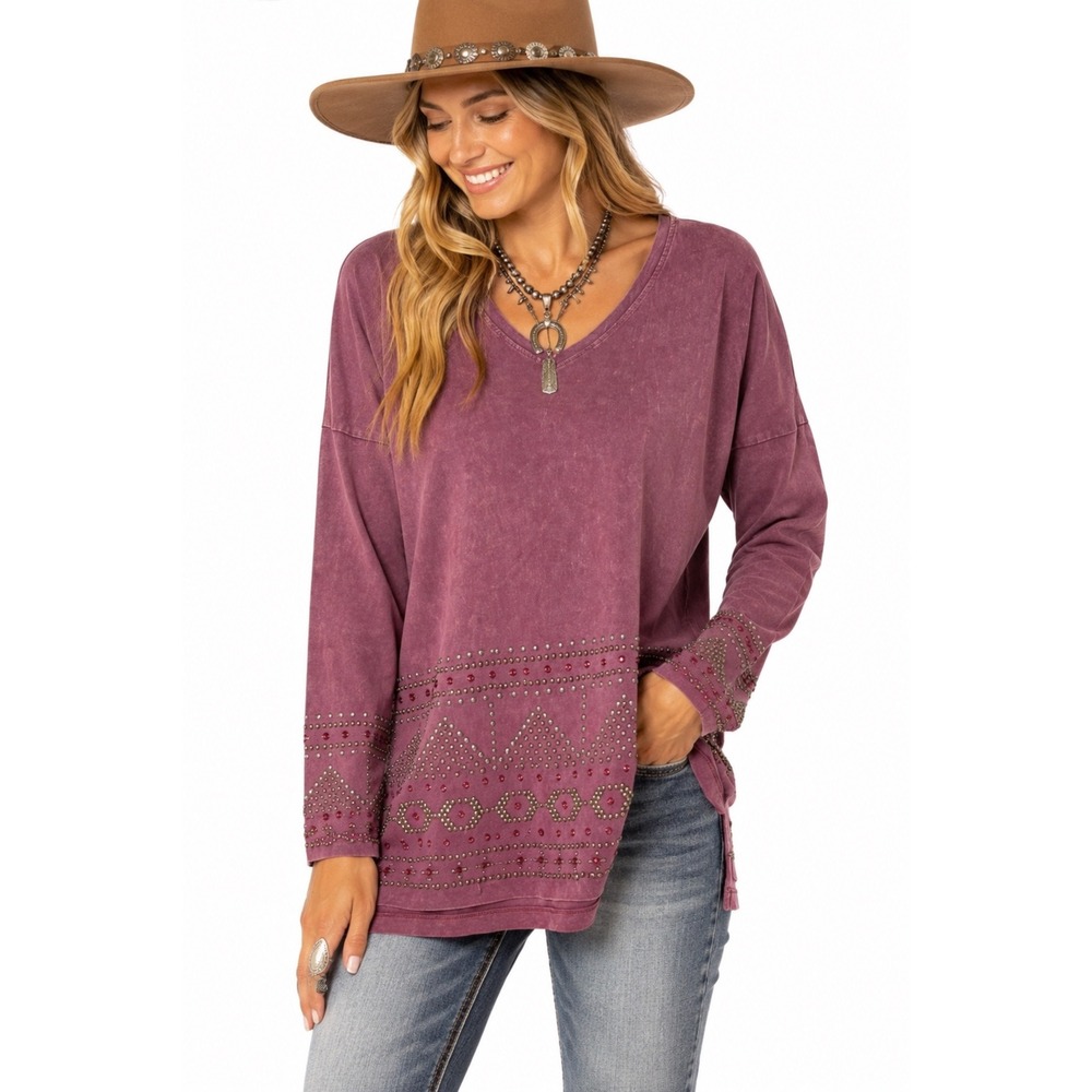Double D Ranch Plum Mineral Wash Studded V-Neck Tunic Top M 446